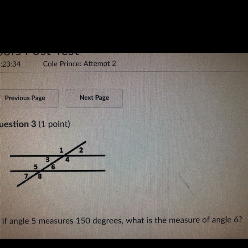 If angle 5 measures 150 degrees, what is the measurement of angle 6?-example-1