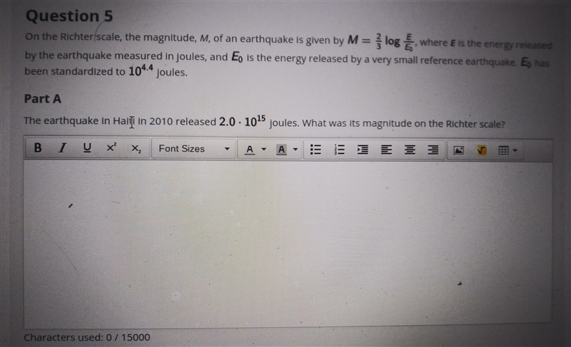 On the Richter scale, the magnitude, M, of an earthquake is given by M= 2/3logE/Eo-example-1