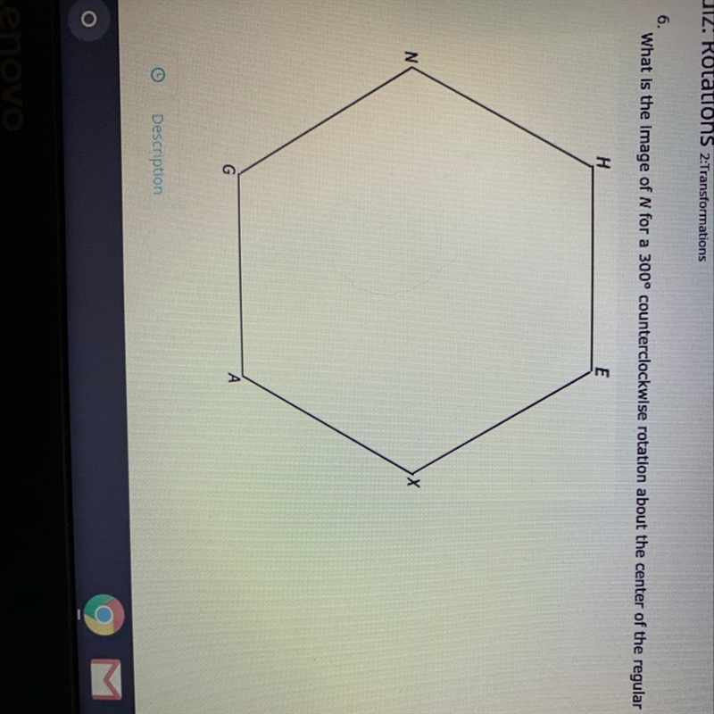 What is the image of N for a 300 degree counterclockwise rotation about the center-example-1