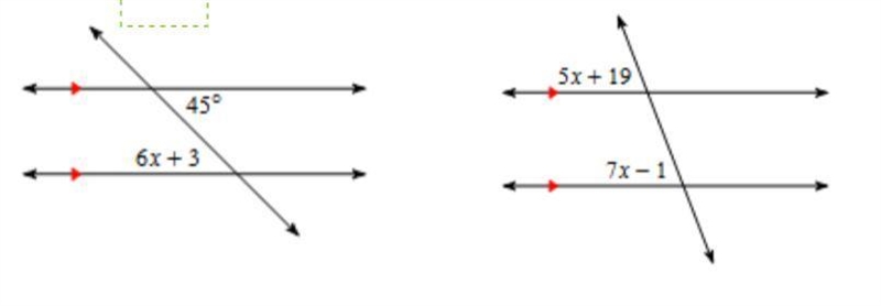 Use each diagram to solve for x. (pictures provided) 1. x = 2. x =-example-1