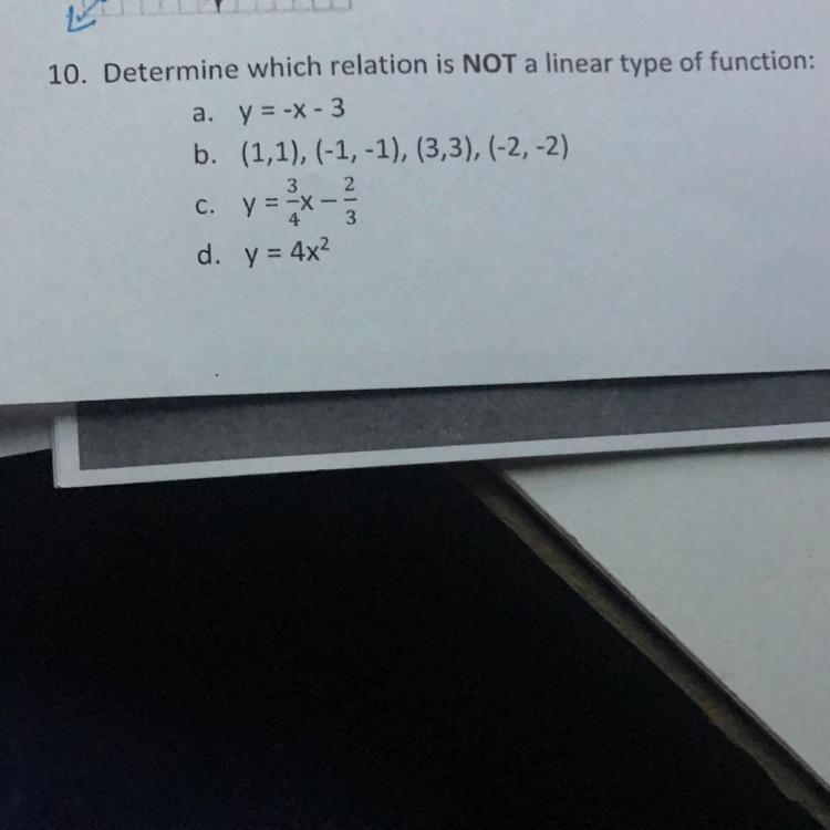 Which one is not a linear function?-example-1