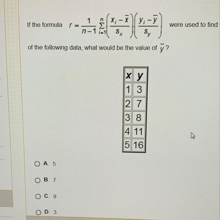 If the formula in the picture below were used to find the r-value of the following-example-1