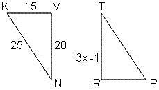 If △NMK ≅ △TRP, then answer the following question: Solve for x.-example-1