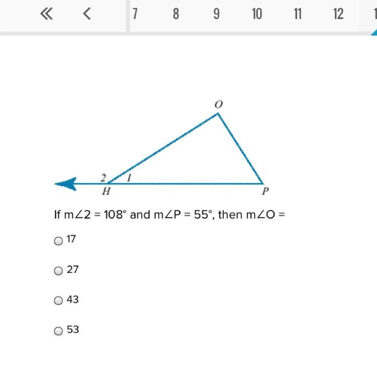 If m∠2 = 108° and m∠P = 55°, then m∠O =-example-1