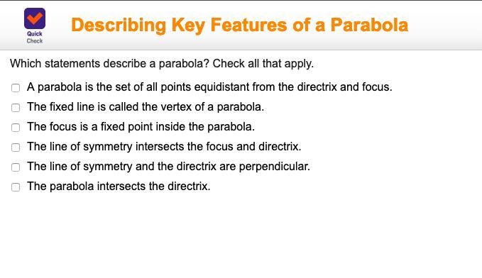 Which statements describe a parabola? Check all that apply. A parabola is the set-example-1