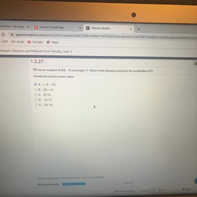 RS has an endpoint at R(6,- 4) and length 17. Which of the following cannot be the-example-1