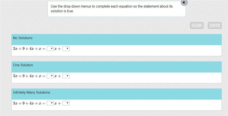 Use the drop-down menus to complete each equation so the statement about its solution-example-1