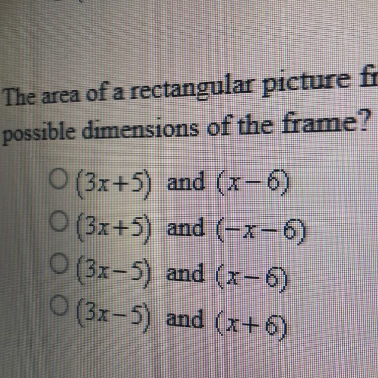 The area of a rectangular room is given by the trinomial 3x^2-13x-30 what are the-example-1