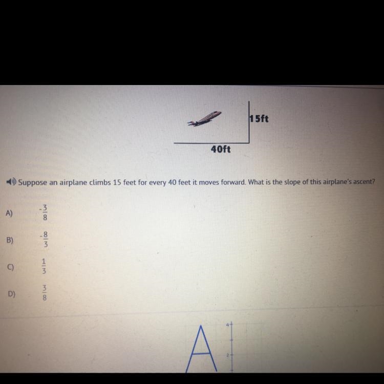 Suppose an airplane climbs 15 feet up for every 40 feet it moves forward. What is-example-1