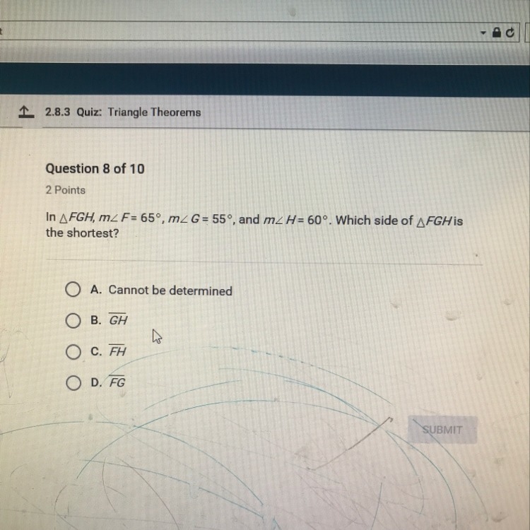 In FGH mF=65, mG=55, and mH=60. Which side of FGH is the shortest-example-1