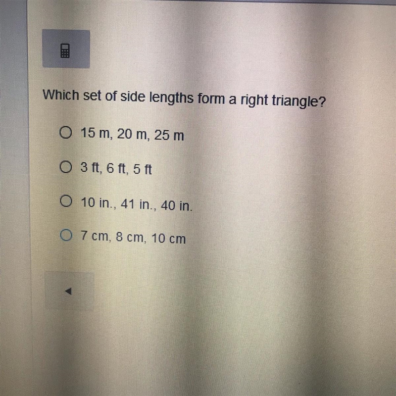 Which set of the side lenths form a right triangle?-example-1