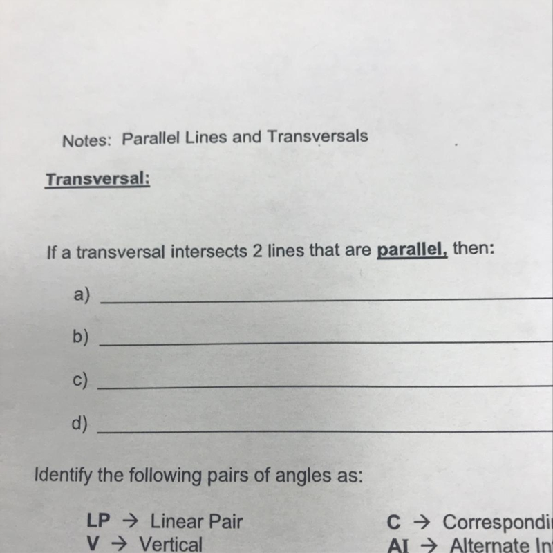 If a transversal intersects 2 lines that are parallel then: a,b,c,d?-example-1