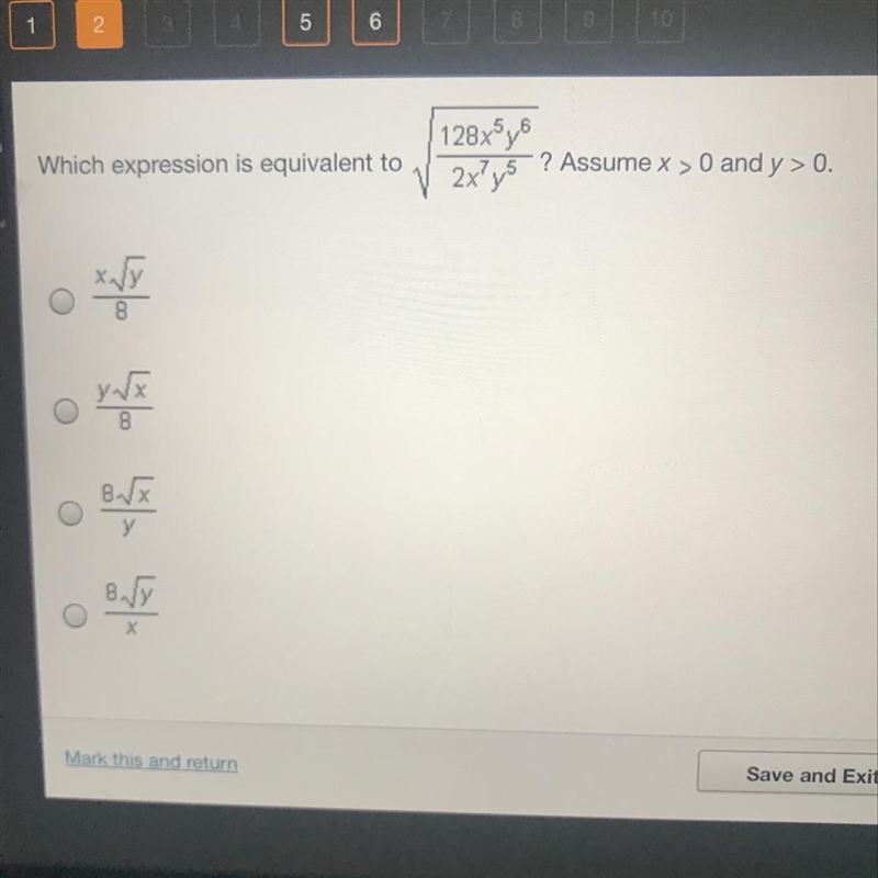 Which expression is equivalent to 128x^5y^6 \ 2x^7y^5 ? Assume x > 0 and y &gt-example-1