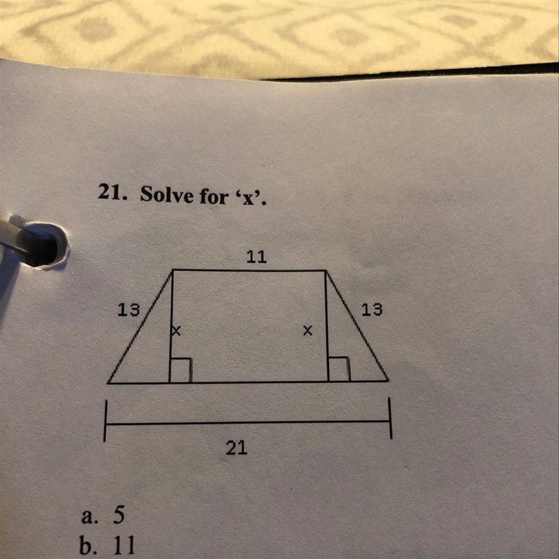 21. Solve for ‘x. 11 13 21 a. 5 b. 11 c. 12-example-1