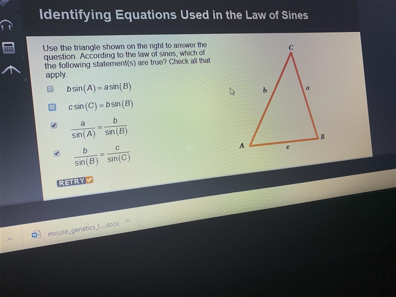 Use the triangle shown on the right to answer the question. According to the law on-example-1