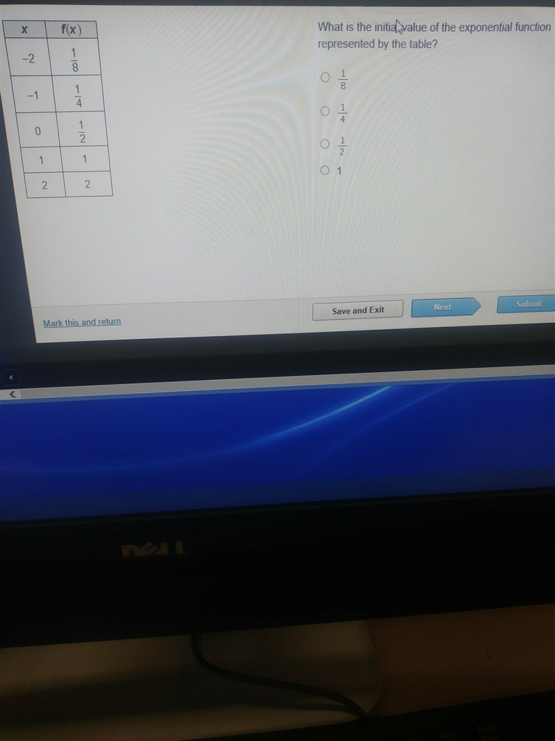 What is the initial value of the exponential fuction represented by the table ? 1/8 1/4 1/2 1​-example-1