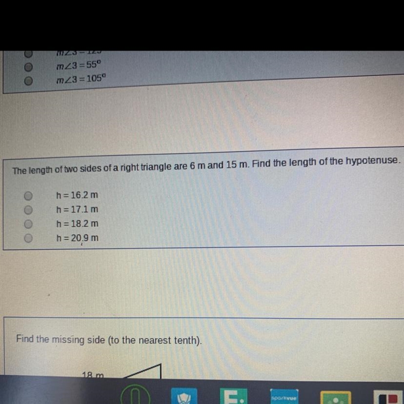 The Length of two sides of a right triangle are 6 m and 15 m. Find the length of the-example-1