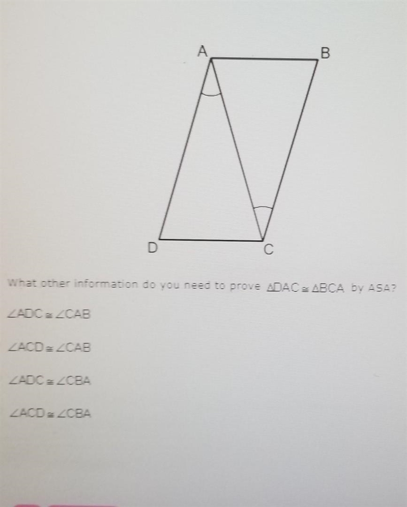 What other information do you need to prove triangle DAC=BCA by ASA​-example-1