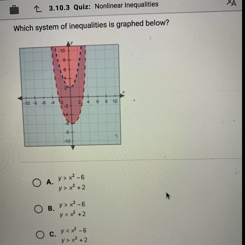 Which system of inequalities is graphed below?-example-1