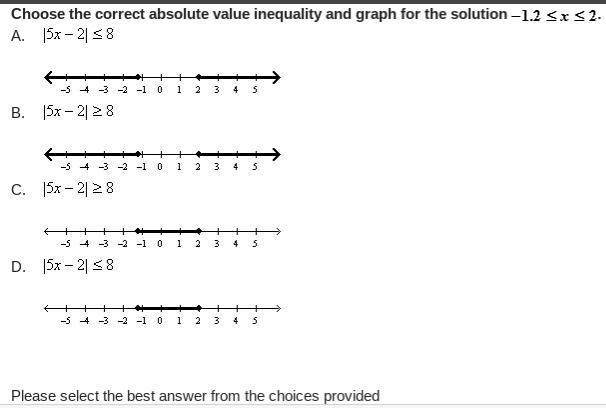 Help Choose the correct absolute value inequality and graph for the solution -1.2≤x-example-1