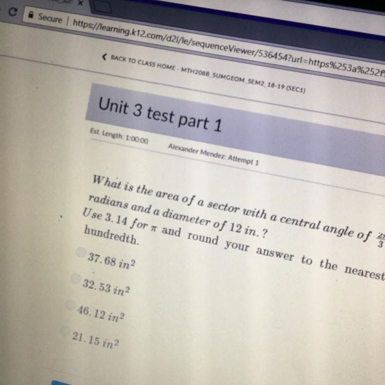 What is the area of a sector with a central angle of (2pi/3) radians and a diameter-example-1