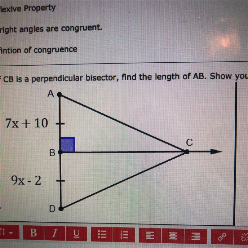 If CB is a perpendicular bisector, find the length of AB. Look at image ! please help-example-1