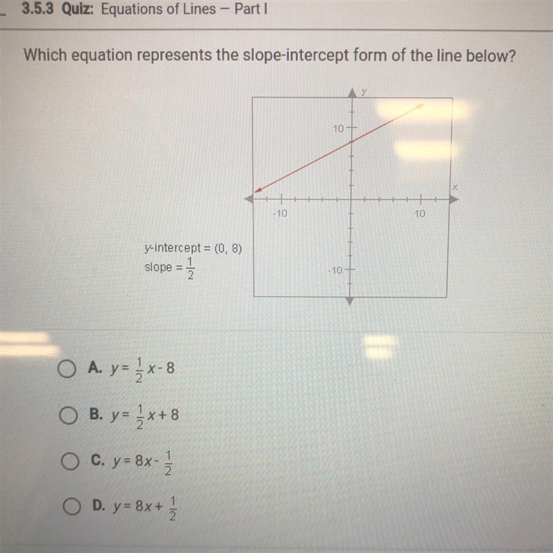 Which equation represents the slope-intercept form of the line below?-example-1