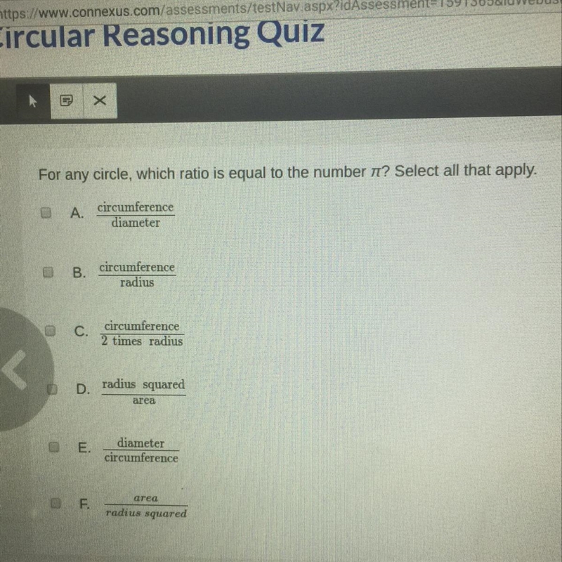 For any circle, which ratio is equal to the number n? Select all that apply. Plsss-example-1