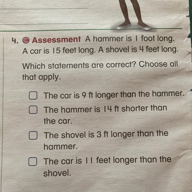 A hammer is 1 foot long a car is 15 feet long and shovel is 4 feet long which statement-example-1