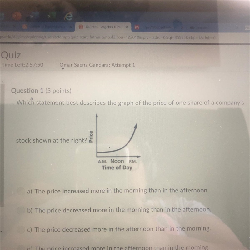 Which statement best describes the graph of the price of one share of a company’s-example-1