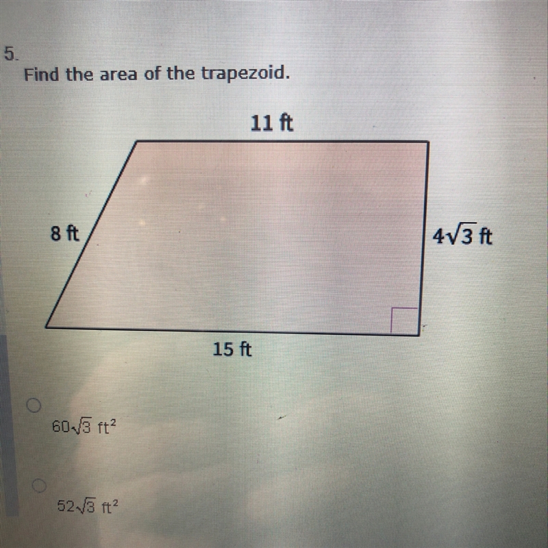 Find the area of the trapezoid. Answer options: 60sqrt3, 52sqrt3, 44sqrt3 -24, 44sqrt-example-1