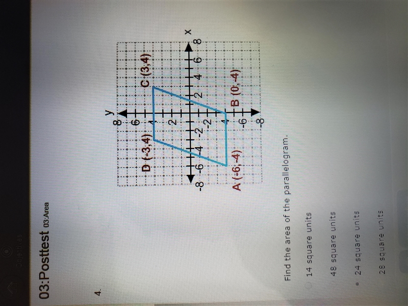 Find the area of the parallelogram. A. 14 square units. B. 48 square units. C. 24 square-example-1