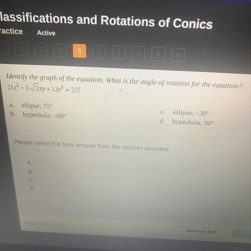 Identify the graph of the equation. What is the angle of rotation for the equation-example-1