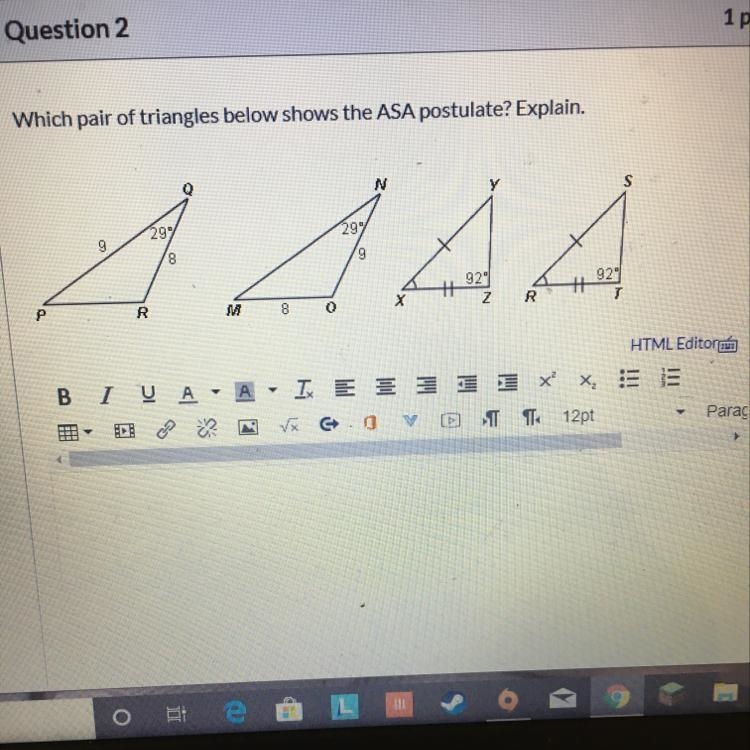 Which pair of triangles below shows the ASA postulate. Explain-example-1