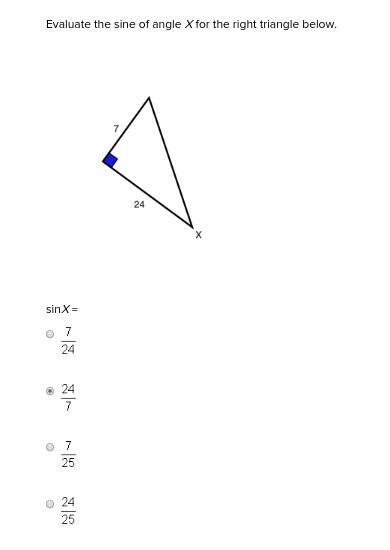 Evaluate the sine of angle X for the right triangle below.-example-1