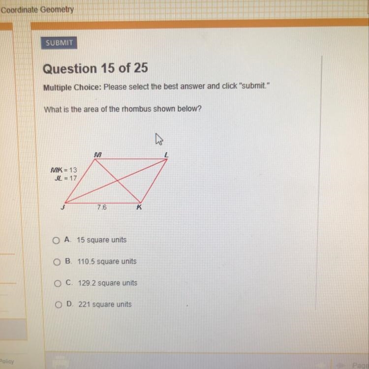 What is the area of the rhombus shown below?-example-1