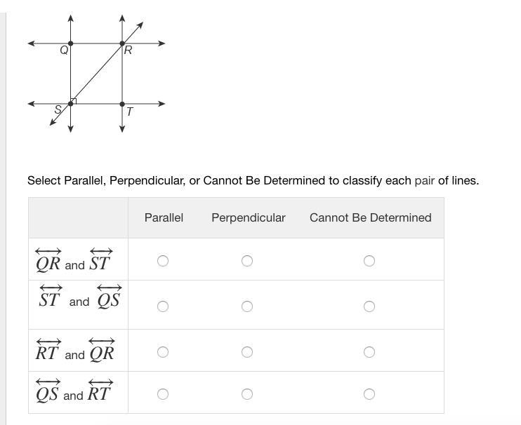 Use this image to classify each pair of lines. Select Parallel, Perpendicular, or-example-1