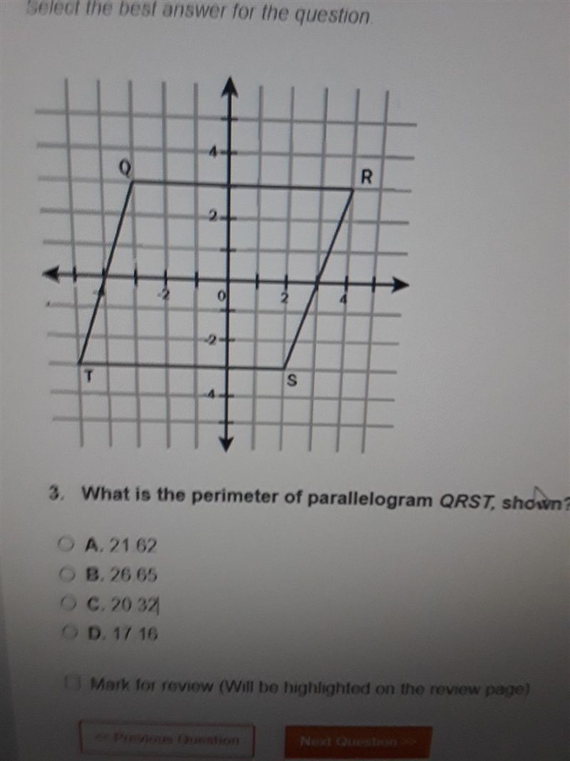 What is the perimeter of parallalogram qrst, shown. a.21.62. b 26.65. c 20.33. d 17.16-example-1