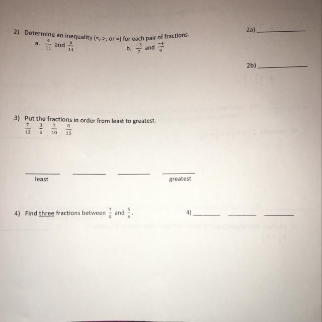 2) Determine an inequality (<, >, or =) for each pair of fractions. a. 4/11 and-example-1