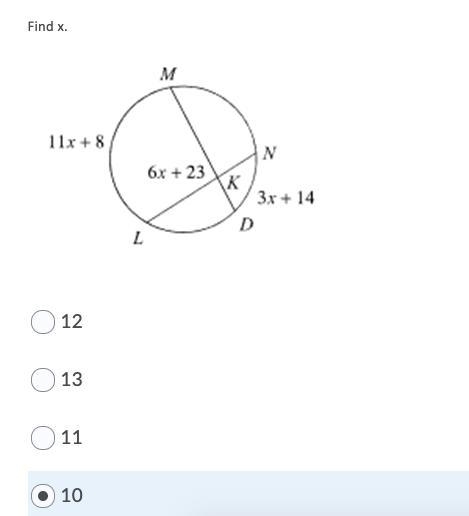 Find x A) 12 B) 13 C) 11 D) 10-example-1