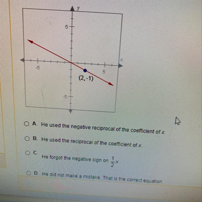 A student wrote the equation of this line as y=1/2x. What mistake did he make?-example-1