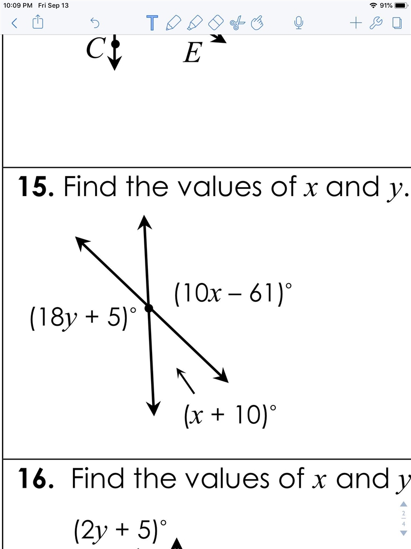 Find the values of x and y. (10x – 61)° (18y + 5)° (x + 10)°-example-1