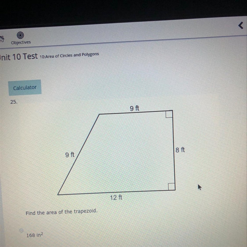 Find the area of the trapezoid 168in^2 72ft^2 94.5ft^2 84ft^2-example-1