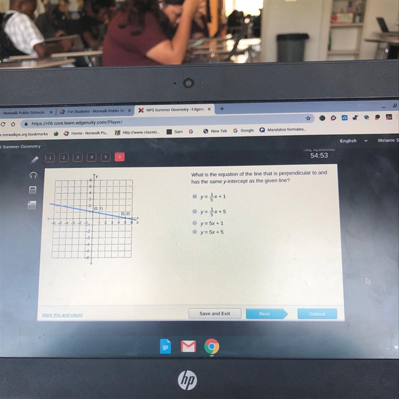 What is the equation of the line that is perpendicular to and has the same y-intercept-example-1