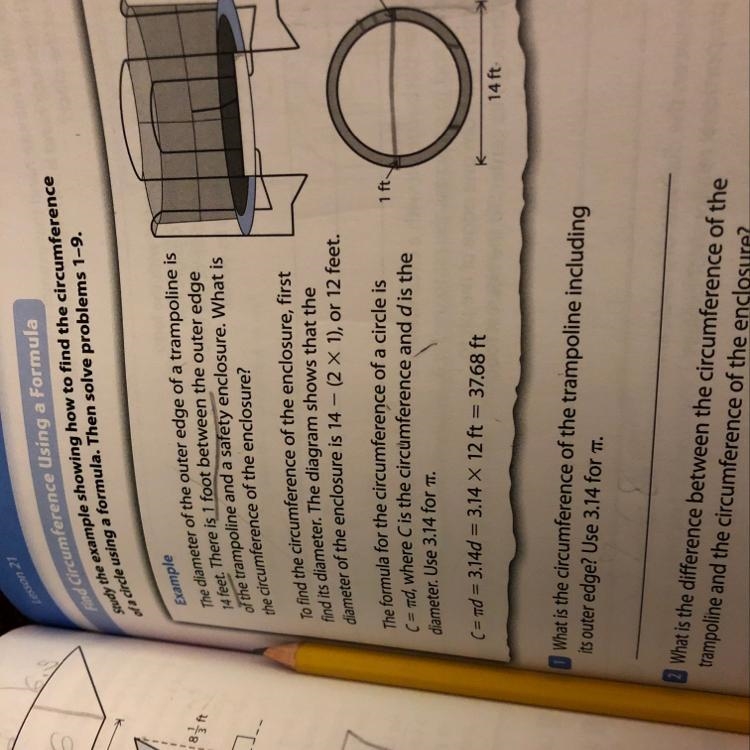 What is the circumstance of the trampoline including its outer edge? Use 3.14 for-example-1