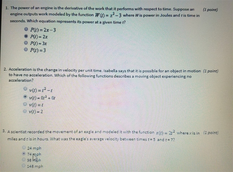 Can someone tell me if I got these three Derivative math problems right?-example-1