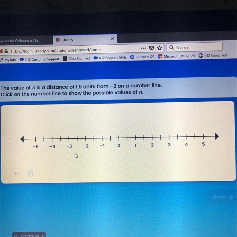 The value of n is a distance of 1.5 units from -2 on a number line. Click on the number-example-1