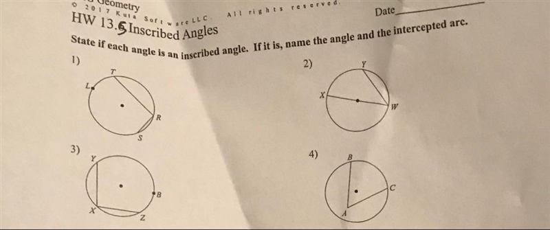 State if each angle is an inscribed angle. If it is, name the angles and the intercepted-example-1