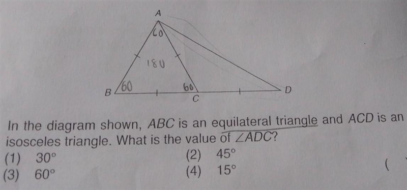 Please help! In the diagram shown, ABC is an equilateral triangle and ACD is an isosceles-example-1