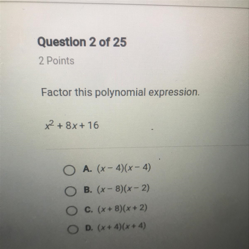 Factor this polynomial expression. X^2 + 8x + 16-example-1